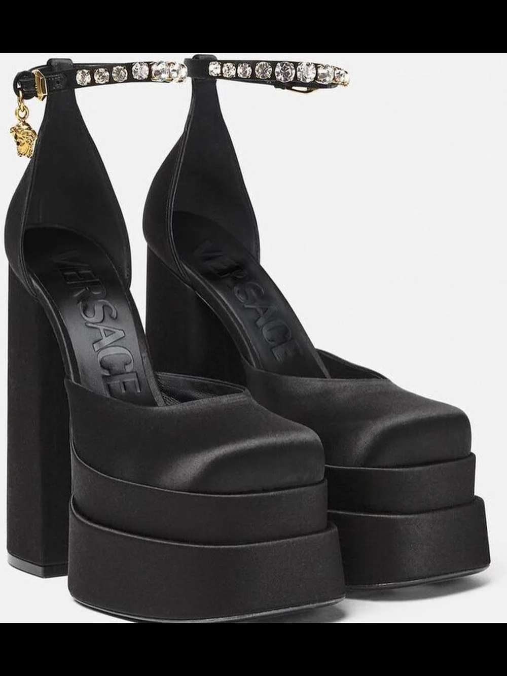 Versace Black Satin Crystal-Ankle Platform Pumps - Picture 1 of 5